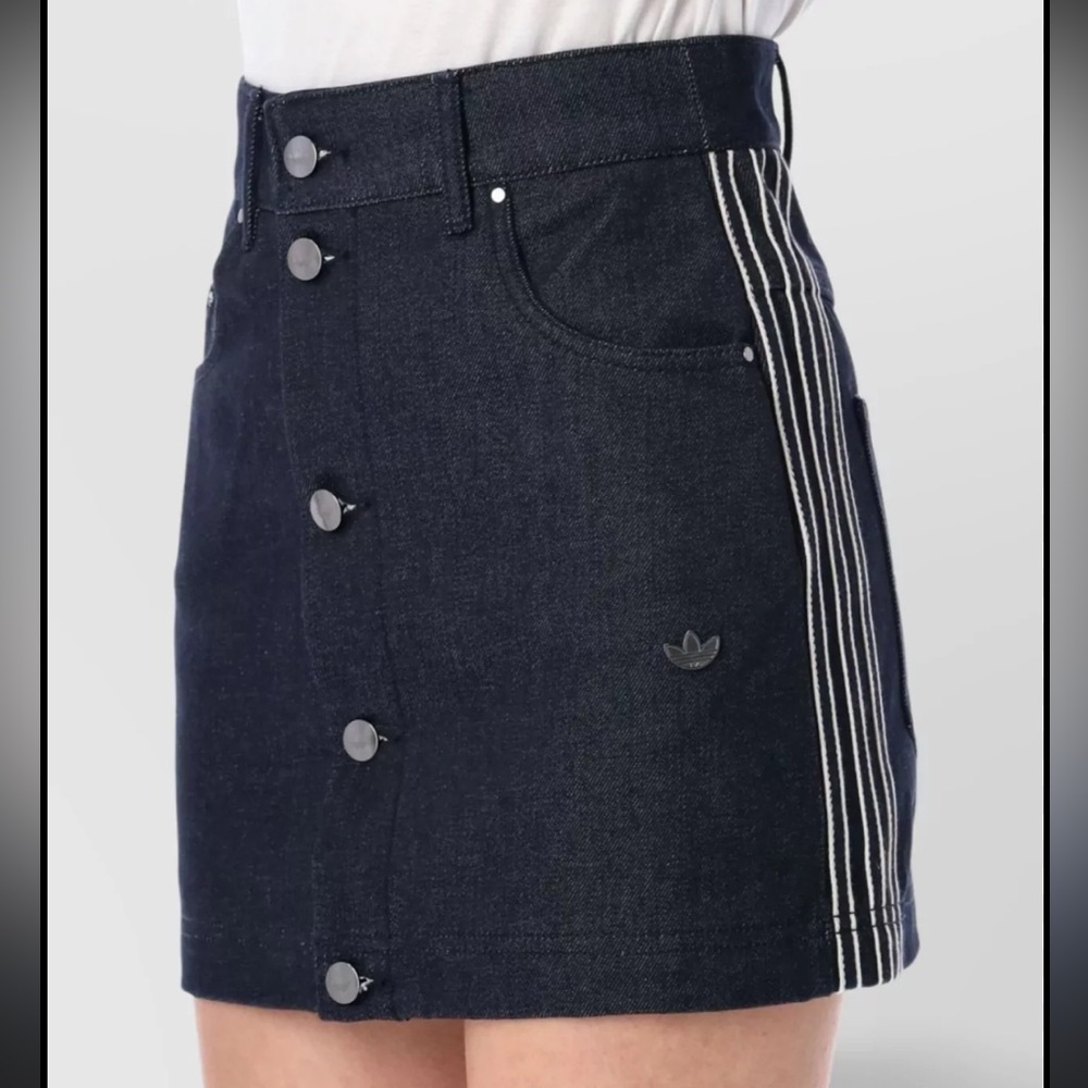 adidas Originals Navy Denim Button-Front Mini Skirt with Side Stripes